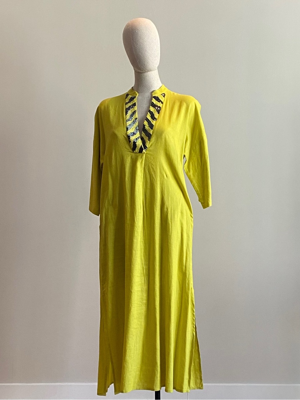 Lola Casademunt Chartreuse  Low V-Neck Caftan Dress. Size S